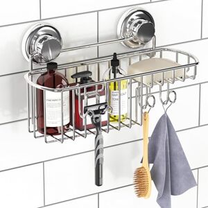 HASKO accessories Powerful Vacuum Suction Cup Shower Caddy Basket for Shampoo Combo Organizer Basket with Soap Holder and Hooks Stainless Steel Holder for Bathroom Storage (Chrome) HASKO accessories Powerful Vacuum Suction Cup Shower Caddy Basket for Shampoo Combo Organizer Basket with Soap Holder and Hooks Stainless Steel Holder for Bathroom Storage (Chrome)