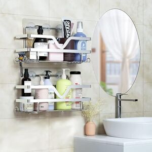 ASelected 2 Pack Shower Caddy, Bathroom Shelf Organiser No Drilling, Adhesive Shower Storage Rack for Bathroom/Kitchen with Razor Holder, Durable Stainless Steel Shower Rack with 4 Hooks, Silvery ASelected 2 Pack Shower Caddy, Bathroom Shelf Organiser No Drilling, Adhesive Shower Storage Rack for Bathroom/Kitchen with Razor Holder, Durable Stainless Steel Shower Rack with 4 Hooks, Silvery