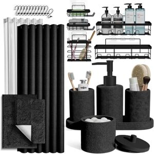Clara Clark Black Bathroom Set Bathroom Sets with Shower Curtain and Rugs, 26PC Bathroom Accessory Set, Shower Curtain Set with Adhesive Corner Shower Caddy Hanging & Soap Dispenser Clara Clark Black Bathroom Set Bathroom Sets with Shower Curtain and Rugs, 26PC Bathroom Accessory Set, Shower Curtain Set with Adhesive Corner Shower Caddy Hanging & Soap Dispenser