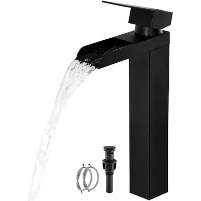 RAINMAX Black Tall Waterfall Bathroom Faucet, Single Hanlde Vessel Sink Faucet with Waterfall Spout, Bathroom Faucets for 1 Hole, RV Lavatory Vanity Mixer Bar Tap with Pop Up Drain and Hoses KMBF015B RAINMAX Black Tall Waterfall Bathroom Faucet, Single Hanlde Vessel Sink Faucet with Waterfall Spout, Bathroom Faucets for 1 Hole, RV Lavatory Vanity Mixer Bar Tap with Pop Up Drain and Hoses KMBF015B