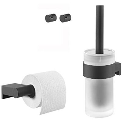 Tiger Bold Toilet accessories set Toilet brush and holder Toilet roll holder without cover Towel hooks Black Tiger Bold Toilet accessories set Toilet brush and holder Toilet roll holder without cover Towel hooks Black