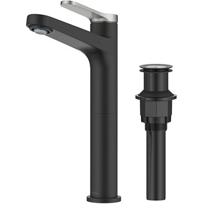 Kraus Indy Bathroom Faucet for Vessel Sink in Spot-Free Brushed Nickel/Matte Black with Single Handle, Pop Up Drain and Supply Lines, KVF-1410SFBNMB Kraus Indy Bathroom Faucet for Vessel Sink in Spot-Free Brushed Nickel/Matte Black with Single Handle, Pop Up Drain and Supply Lines, KVF-1410SFBNMB