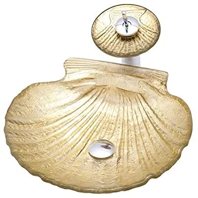 N\W Bathroom Vessel Sink Gold, Shell ShapeArtistic Vessel Sink Tempered Glass, Bathroom Sinks Above Counter, Sink Bowl with Waterfall Faucet and Drain N\W Bathroom Vessel Sink Gold, Shell ShapeArtistic Vessel Sink Tempered Glass, Bathroom Sinks Above Counter, Sink Bowl with Waterfall Faucet and Drain