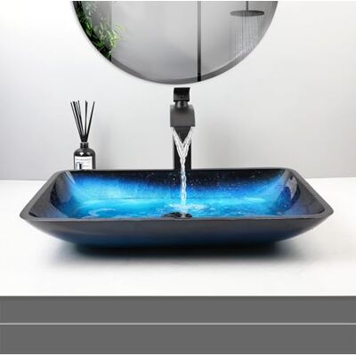 Focitland Bathroom Vessel Sink 22 Inch Blue Glass Sink Art Basin,Above Counter Rectangular Bathroom Sink with Waterfall Faucet and Pop-Up Drain Combo Focitland Bathroom Vessel Sink 22 Inch Blue Glass Sink Art Basin,Above Counter Rectangular Bathroom Sink with Waterfall Faucet and Pop-Up Drain Combo