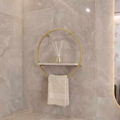 OHS Round Towel Rack with Wooden Shelf Towel Holder Wall Mounted, Stone Gold Metal Frame Towel Shelf for Bathroom Shower Storage Bathroom Accessories Display Shelf Organiser Rustproof Easy Install OHS Round Towel Rack with Wooden Shelf Towel Holder Wall Mounted, Stone Gold Metal Frame Towel Shelf for Bathroom Shower Storage Bathroom Accessories Display Shelf Organiser Rustproof Easy Install