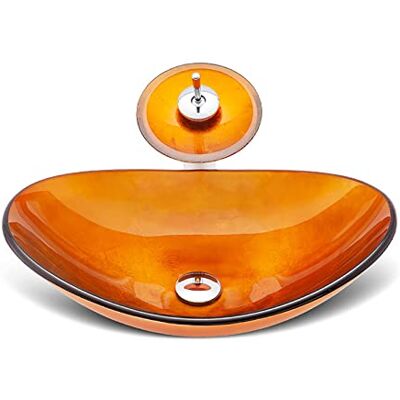 GDXH Bathroom Vessel Sink Tempered Glass Washroom Above Counter Artistic Bowl Basin Vanity Sink with Waterfall Faucet Set and Pop Up Drain Set,Orange GDXH Bathroom Vessel Sink Tempered Glass Washroom Above Counter Artistic Bowl Basin Vanity Sink with Waterfall Faucet Set and Pop Up Drain Set,Orange