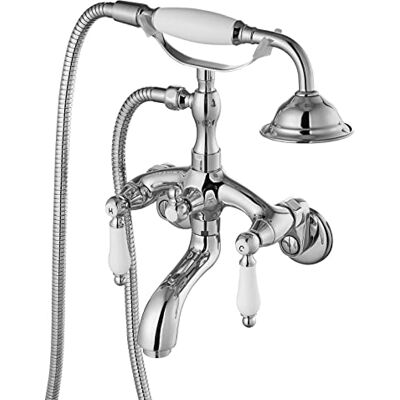gotonovo Polish Chrome Clawfoot Tub Faucet Wall Mount Hand Held Shower Bathtub Faucet Set Double Cross Handle with 3-3/8 Inch Center with Adapter Adjustable Swing Arms gotonovo Polish Chrome Clawfoot Tub Faucet Wall Mount Hand Held Shower Bathtub Faucet Set Double Cross Handle with 3-3/8 Inch Center with Adapter Adjustable Swing Arms