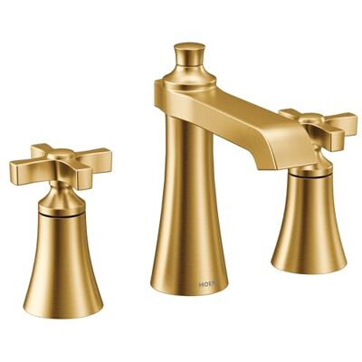 Moen TS6985BG Flara Two-Handle 8 in. Widespread Cross Handle Bathroom Faucet Trim Kit, Valve Required, Brushed Gold Moen TS6985BG Flara Two-Handle 8 in. Widespread Cross Handle Bathroom Faucet Trim Kit, Valve Required, Brushed Gold
