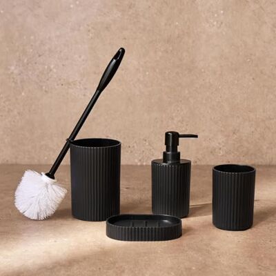OHS Ribbed Bathroom Accessories Set, Bathroom Organiser Accessories for Home Small Bathroom Toilet Brush Soap Dispenser Toothbrush Holder Storage Bath Gift Set, Black OHS Ribbed Bathroom Accessories Set, Bathroom Organiser Accessories for Home Small Bathroom Toilet Brush Soap Dispenser Toothbrush Holder Storage Bath Gift Set, Black