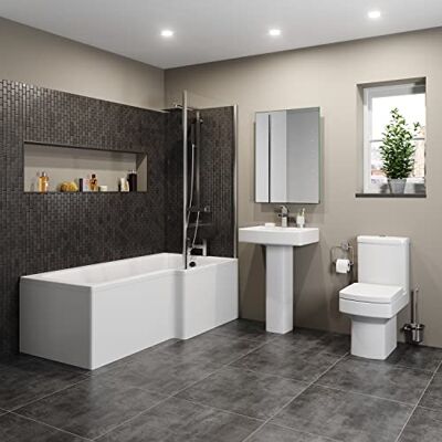 Affine Bathroom Suite L Shaped RH Bath Screen Panel Square Toilet Basin Sink Pedestal Affine Bathroom Suite L Shaped RH Bath Screen Panel Square Toilet Basin Sink Pedestal