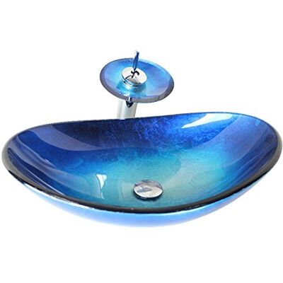 HomeLava Bathroom Oval Blue Tempered Glass Vessel Sink with Waterfall Faucet Mounting Ring and Water Drain Set HomeLava Bathroom Oval Blue Tempered Glass Vessel Sink with Waterfall Faucet Mounting Ring and Water Drain Set