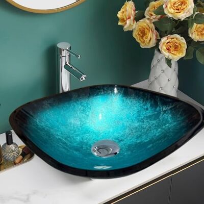 ZipYeeou Home Supplies – Modern Tempered Marble Effect Glass Square Vessel Sink Bowl Bathroom, Cloakroom Countertop Basin Sink with Tap, Pop up Waste, Chrome Bottle Trap ZipYeeou Home Supplies – Modern Tempered Marble Effect Glass Square Vessel Sink Bowl Bathroom, Cloakroom Countertop Basin Sink with Tap, Pop up Waste, Chrome Bottle Trap