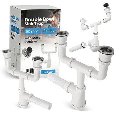 Instalguru Double Siphon 50 mm for Double Sinks with Drain Strainer Metal Strainer & Plug for Sink Siphon Sink Drain Fitting Sink Accessories Syphon Bathroom Kitchen Sink Drain Pipe Drain Instalguru Double Siphon 50 mm for Double Sinks with Drain Strainer Metal Strainer & Plug for Sink Siphon Sink Drain Fitting Sink Accessories Syphon Bathroom Kitchen Sink Drain Pipe Drain