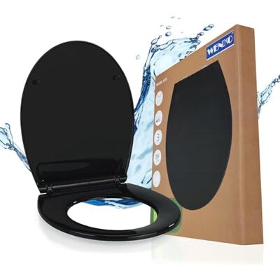 WENKO 23443100 Toilet seat Kos black Toilet seat with soft closing mechanism, Fix-Clip hygienic plastic mounting element, Thermoplastic, 37 x 44 cm, Black WENKO 23443100 Toilet seat Kos black Toilet seat with soft closing mechanism, Fix-Clip hygienic plastic mounting element, Thermoplastic, 37 x 44 cm, Black