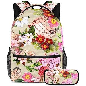 Gwhzzp VAPOKF School Bag Set for Teen Girls Boys, Student Bookbag Backpack Rucksack with Pencil Case for School - Postal Stamps Flower Heart Gwhzzp VAPOKF School Bag Set for Teen Girls Boys, Student Bookbag Backpack Rucksack with Pencil Case for School - Postal Stamps Flower Heart