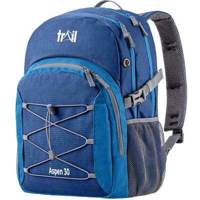 Leisure Trail Aspen Day Pack Backpack, 30L, Blue Breathable Padded Back & Straps, 3 Zip Compartments, Side Pockets, USB / Headphone Port, Bungee Cords, Compression Straps Leisure Trail Aspen Day Pack Backpack, 30L, Blue Breathable Padded Back & Straps, 3 Zip Compartments, Side Pockets, USB / Headphone Port, Bungee Cords, Compression Straps