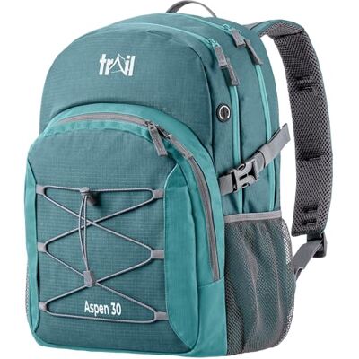 Leisure Trail Aspen Day Pack Backpack, 30L, Teal Breathable Padded Back & Straps, 3 Zip Compartments, Side Pockets, USB / Headphone Port, Bungee Cords, Compression Straps Leisure Trail Aspen Day Pack Backpack, 30L, Teal Breathable Padded Back & Straps, 3 Zip Compartments, Side Pockets, USB / Headphone Port, Bungee Cords, Compression Straps