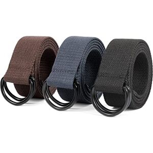 JASGOOD Mens & Womens Black Canvas Belt with Black D-ring 1 1/2" Wide Solid Color Extra Long Webbing Belt 3 Pack(Black/Gray/Coffee,Fit Waist Size 40-45 inch)