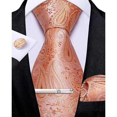 DiBanGu Tie for Men Silk Coral Paisley Necktie and Pocket Square Cufflinks Tie Clip Set Woven Formal Ties for Wedding DiBanGu Tie for Men Silk Coral Paisley Necktie and Pocket Square Cufflinks Tie Clip Set Woven Formal Ties for Wedding
