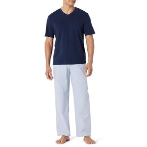 Amazon Essentials Men's Cotton Stretch Poplin Pyjama Trousers and Cotton Jersey T-Shirt Set, Navy/Thin Stripe, XS Amazon Essentials Men's Cotton Stretch Poplin Pyjama Trousers and Cotton Jersey T-Shirt Set, Navy/Thin Stripe, XS