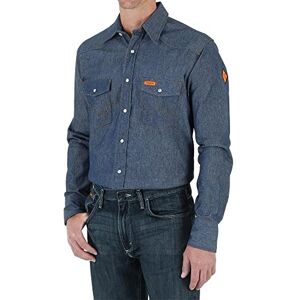 Wrangler Men's Flame Resistant Western Two Pocket Snap Shirt, Denim, XL Wrangler Men's Flame Resistant Western Two Pocket Snap Shirt, Denim, XL