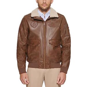 Tommy Hilfiger Men's Faux Leather Bomber Jacket, Saddle/Patches, M Tommy Hilfiger Men's Faux Leather Bomber Jacket, Saddle/Patches, M