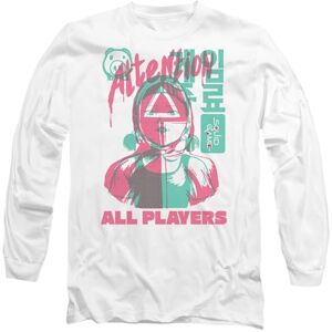 Squid Game Attention All Players Unisex Long Sleeve T Shirt, White, XX-Large Squid Game Attention All Players Unisex Long Sleeve T Shirt, White, XX-Large