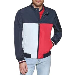Tommy Hilfiger Men's Lightweight Varsity Rib Knit Bomber Jacket Shell, Midnight/Ice/Red, S Tommy Hilfiger Men's Lightweight Varsity Rib Knit Bomber Jacket Shell, Midnight/Ice/Red, S