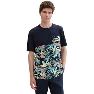 TOM TAILOR Men's 1041859 Summer T-Shirt with Print and Chest Pocket, 35436-Navy Tropical Leaf Design, S TOM TAILOR Men's 1041859 Summer T-Shirt with Print and Chest Pocket, 35436-Navy Tropical Leaf Design, S