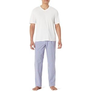 Amazon Essentials Men's Cotton Stretch Poplin Pyjama Trousers and Cotton Jersey T-Shirt Set, Check/Ivory, M Amazon Essentials Men's Cotton Stretch Poplin Pyjama Trousers and Cotton Jersey T-Shirt Set, Check/Ivory, M