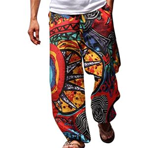 Men Casual Cotton Fancy Print Wide Leg Baggy Sweatpants Men's Printed Tracksuit Bottoms Hippie Bloomers Cargo Trousers with Pocket Drawstring Baggy Dancing Crotch Trousers Red