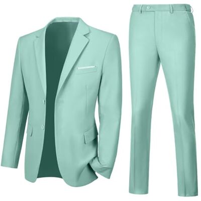 Lynerun Mens Slim Fit 2 Piece Suit Two Button Notched Lapel Solid Suit Jacket Pants Set Tuxedo for Prom, Mint Green, L Lynerun Mens Slim Fit 2 Piece Suit Two Button Notched Lapel Solid Suit Jacket Pants Set Tuxedo for Prom, Mint Green, L