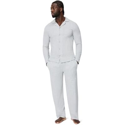Amazon Essentials Men's Cotton-Modal Pyjama Set, Long Sleeve Button-Up Shirt and Trousers, Light Grey Heather, XXL Amazon Essentials Men's Cotton-Modal Pyjama Set, Long Sleeve Button-Up Shirt and Trousers, Light Grey Heather, XXL