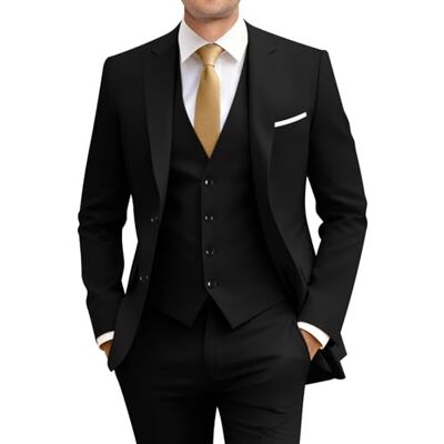 Amyox Men's Slim Fit 3 Piece Suit Two Button Business Wedding Dress Tux Suit Set Jacket Vest Pants with Tie, Black, Medium Amyox Men's Slim Fit 3 Piece Suit Two Button Business Wedding Dress Tux Suit Set Jacket Vest Pants with Tie, Black, Medium