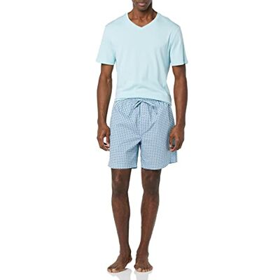 Amazon Essentials Men's Cotton Poplin Pyjama Shorts with Cotton T-Shirt Set, Light Blue/Blue, Geo Print, XS Amazon Essentials Men's Cotton Poplin Pyjama Shorts with Cotton T-Shirt Set, Light Blue/Blue, Geo Print, XS