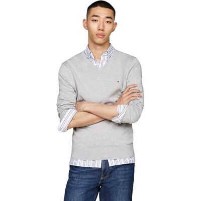 Tommy Hilfiger Men’s Essential Cotton V-Neck Jumper, Grey (Light Grey Heather), L Tommy Hilfiger Men’s Essential Cotton V-Neck Jumper, Grey (Light Grey Heather), L