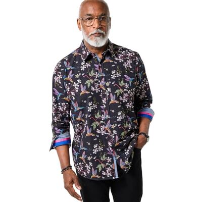 Joe Browns Male Floral Bird Print Long Sleeve Shirt, Regular, Black, UK M Joe Browns Male Floral Bird Print Long Sleeve Shirt, Regular, Black, UK M