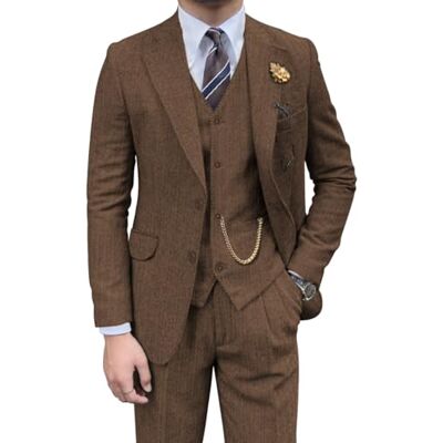Pyiuhs Retro Mens 3 Piece Suit Tweed Herringbone Slim Fit Suits Groomsmen Brown Tuxedos Set Prom Jacket Blazer Vest Pants for Men, Brown, XS Pyiuhs Retro Mens 3 Piece Suit Tweed Herringbone Slim Fit Suits Groomsmen Brown Tuxedos Set Prom Jacket Blazer Vest Pants for Men, Brown, XS