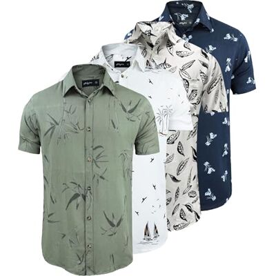 WJL WHISPERING JONES LONDON Mens 4 Pack Hawaiian Short Sleeve Beach Holiday Summer Designer Floral Shirt Menswear Printed Top WJL WHISPERING JONES LONDON Mens 4 Pack Hawaiian Short Sleeve Beach Holiday Summer Designer Floral Shirt Menswear Printed Top