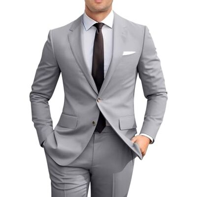 Amyox Men's Slim Fit 2 Piece Suit, Two Button Solid Suit Jacket Pants Set, Wedding Prom Suit, Grey, XXL Amyox Men's Slim Fit 2 Piece Suit, Two Button Solid Suit Jacket Pants Set, Wedding Prom Suit, Grey, XXL