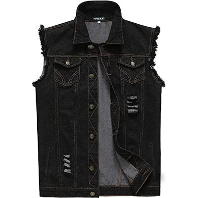 NASKY Men's Fit Retro Ripped Denim Vest Sleeveless Jean Vest and Jacket Black US X-Large NASKY Men's Fit Retro Ripped Denim Vest Sleeveless Jean Vest and Jacket Black US X-Large