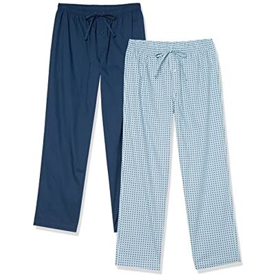 Amazon Essentials Men's Cotton-Stretch Poplin Full-Length Pyjama Bottoms, Pack of 2, Indigo/Blue, Geo Print, S Amazon Essentials Men's Cotton-Stretch Poplin Full-Length Pyjama Bottoms, Pack of 2, Indigo/Blue, Geo Print, S