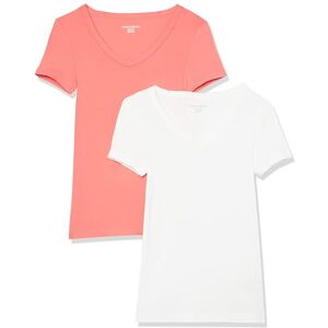 Amazon Essentials Women's Slim-Fit Short-Sleeve V-Neck T-Shirt, Pack of 2, White/Hot Pink, L Amazon Essentials Women's Slim-Fit Short-Sleeve V-Neck T-Shirt, Pack of 2, White/Hot Pink, L