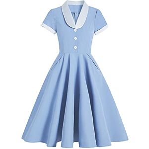 1950s Dresses for Women Plus Size Vintage Classy 50s Style Audrey Hepburn Short Sleeve Peter Pan Collar Rockabilly Retro Swing A Line Midi Summer Dress Skater Cocktail Party Prom Gown Blue+White S