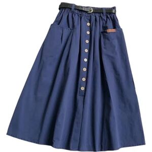 Gyios skirt Casual Cotton Midi Long Skirt Women Button Pocket Belt A Line High Waist Mid-length Skirt Female Elastic Women Skirts-blue-one Size