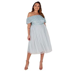 Maya Deluxe Women's Ladies Bardot Dresses Midi High Empire Waist Sequins Embellished Formal Evening for Wedding Guest Bridesmaid, Ice Blue, 22
