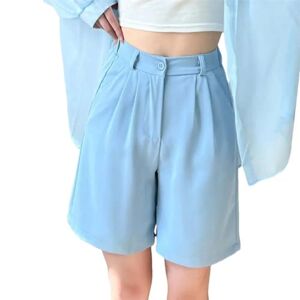 JXQXHCFS Women's Summer Loose Casual Short Solid Color Knee Length Button High Waisted Pant Blue L
