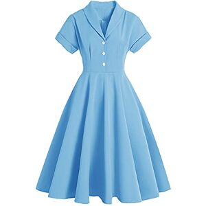 1950s Dresses for Women Plus Size Vintage Classy 50s Style Audrey Hepburn Short Sleeve Peter Pan Collar Rockabilly Retro Swing A Line Midi Summer Dress Skater Cocktail Party Prom Gown Blue S