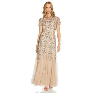Adrianna Papell Women's Floral Beaded Godet Dress, Beige (Taupe/Pink), Size 8 Adrianna Papell Women's Floral Beaded Godet Dress, Beige (Taupe/Pink), Size 8