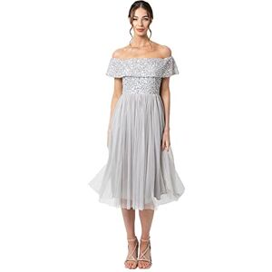 Maya Deluxe Women's Ladies Bardot Dresses Midi High Empire Waist Sequins Embellished Formal Evening for Wedding Guest Bridesmaid, Soft Grey, 18